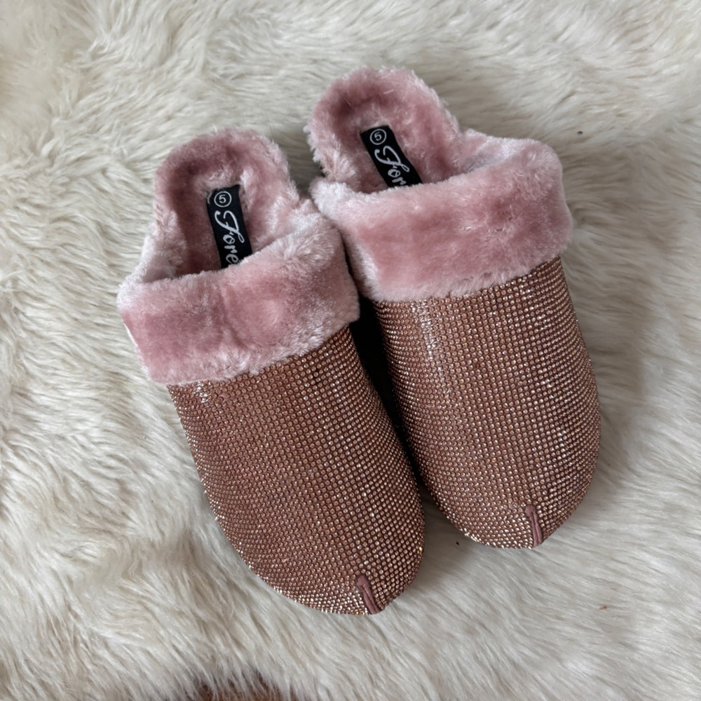 Forever Pink Faux Fur Lined Rhinestone Embellished Slip-On Shoes